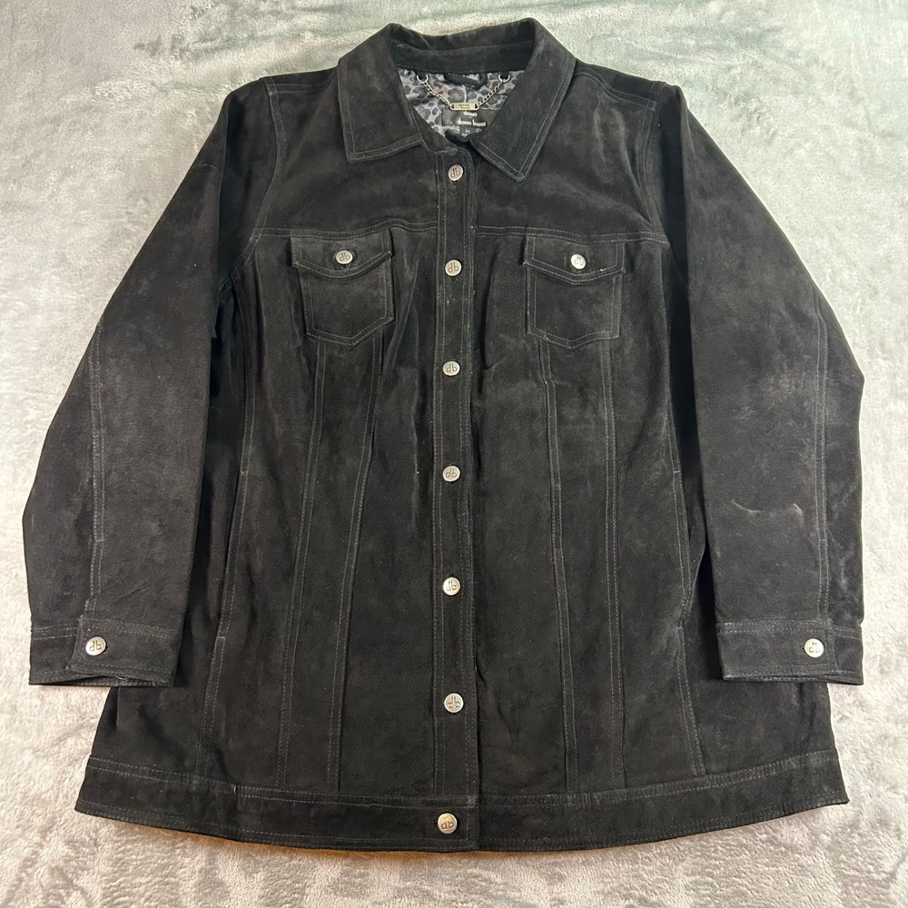 Dennis Basso Black Suede Leather Jacket Leopard Print Lining Plus Size 2X